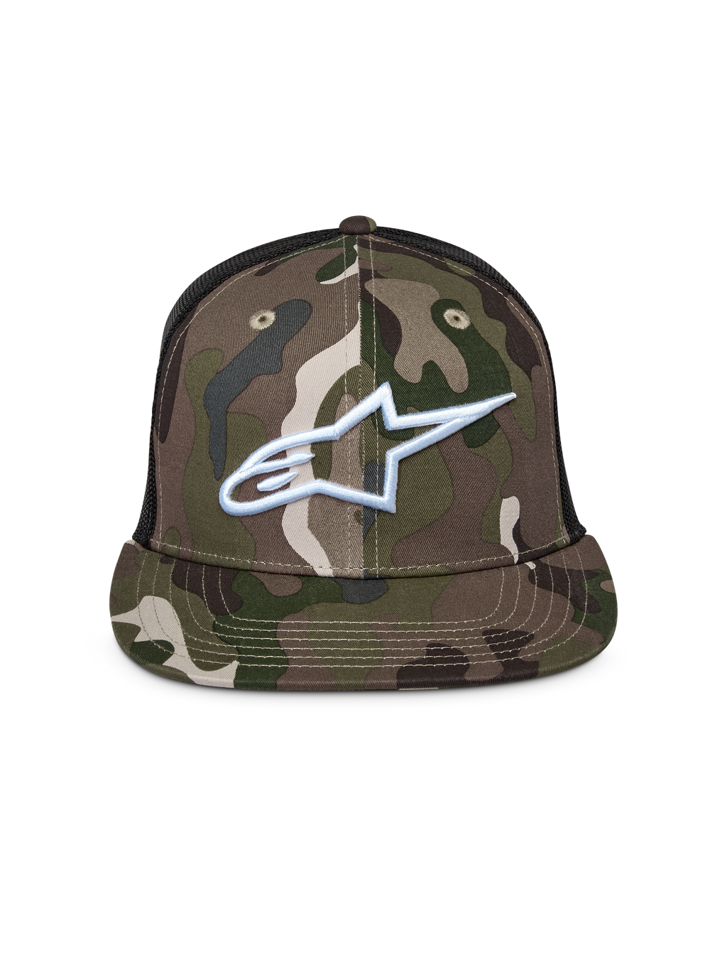 Cappello Alpinestars Corp Trucker, Verde Camo e Nero, cappello trucker a visiera piatta con retro in rete, logo Alpinestars bianco ricamato sul davanti, casual motorsport streetwear
