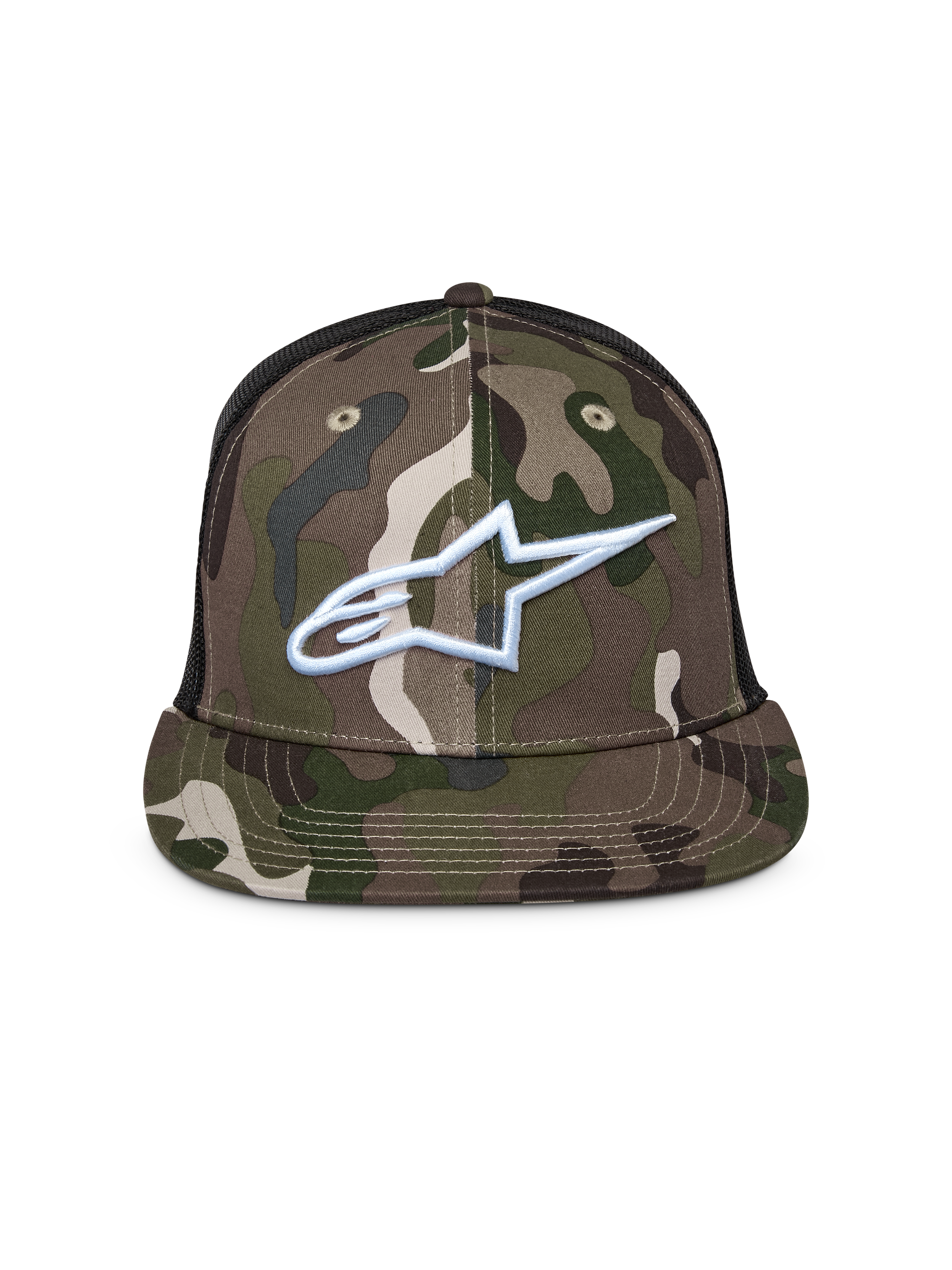 Cappello Alpinestars Corp Trucker, Verde Camo e Nero, cappello trucker a visiera piatta con retro in rete, logo Alpinestars bianco ricamato sul davanti, casual motorsport streetwear
