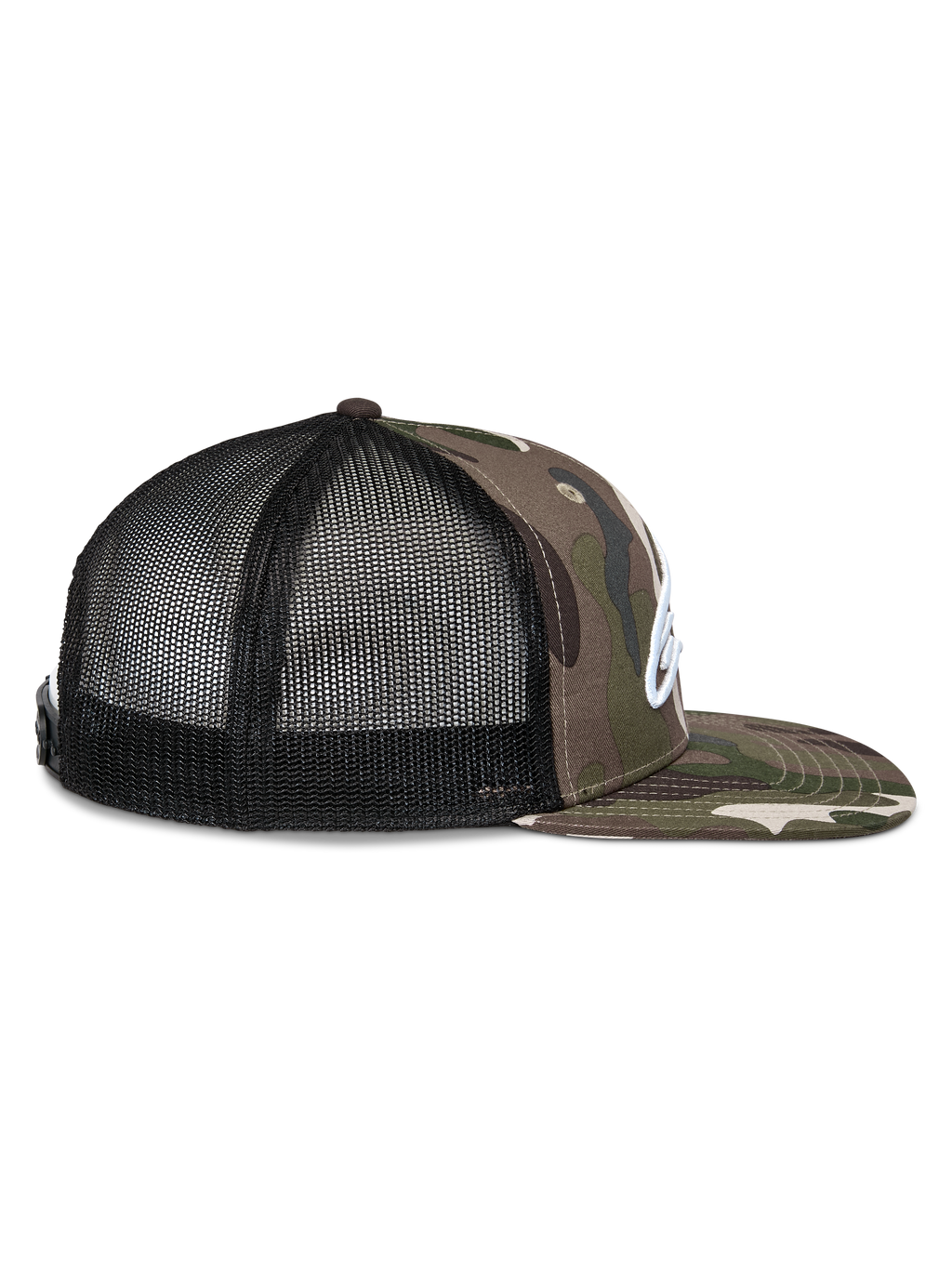Cappello Alpinestars Corp Trucker, vista laterale, mimetico verde e nero, visiera piatta con stampa mimetica, pannelli posteriori in rete nera, logo ricamato bianco, copricapo casual motorsport