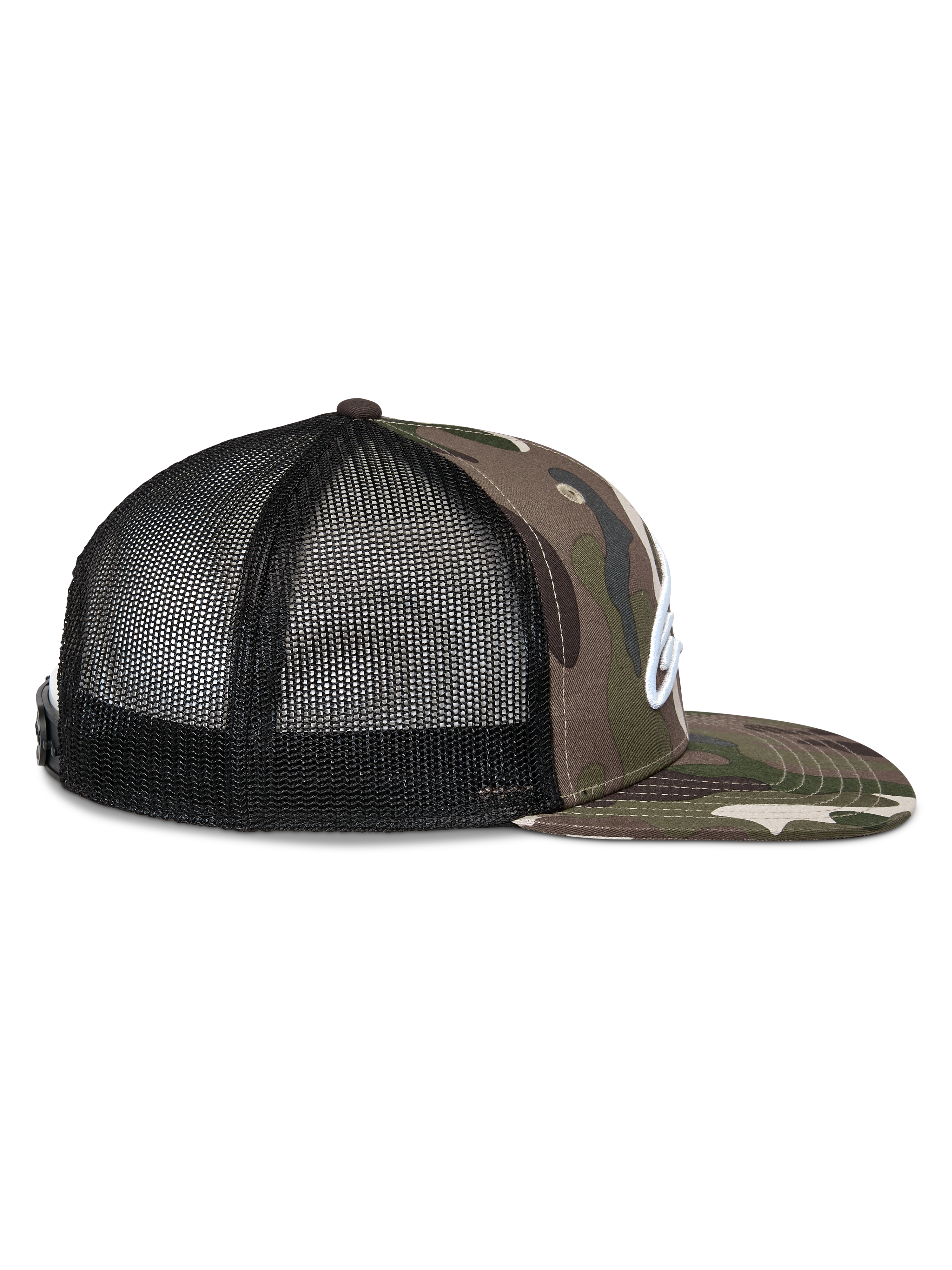 Cappello Alpinestars Corp Trucker, vista laterale, mimetico verde e nero, visiera piatta con stampa mimetica, pannelli posteriori in rete nera, logo ricamato bianco, copricapo casual motorsport