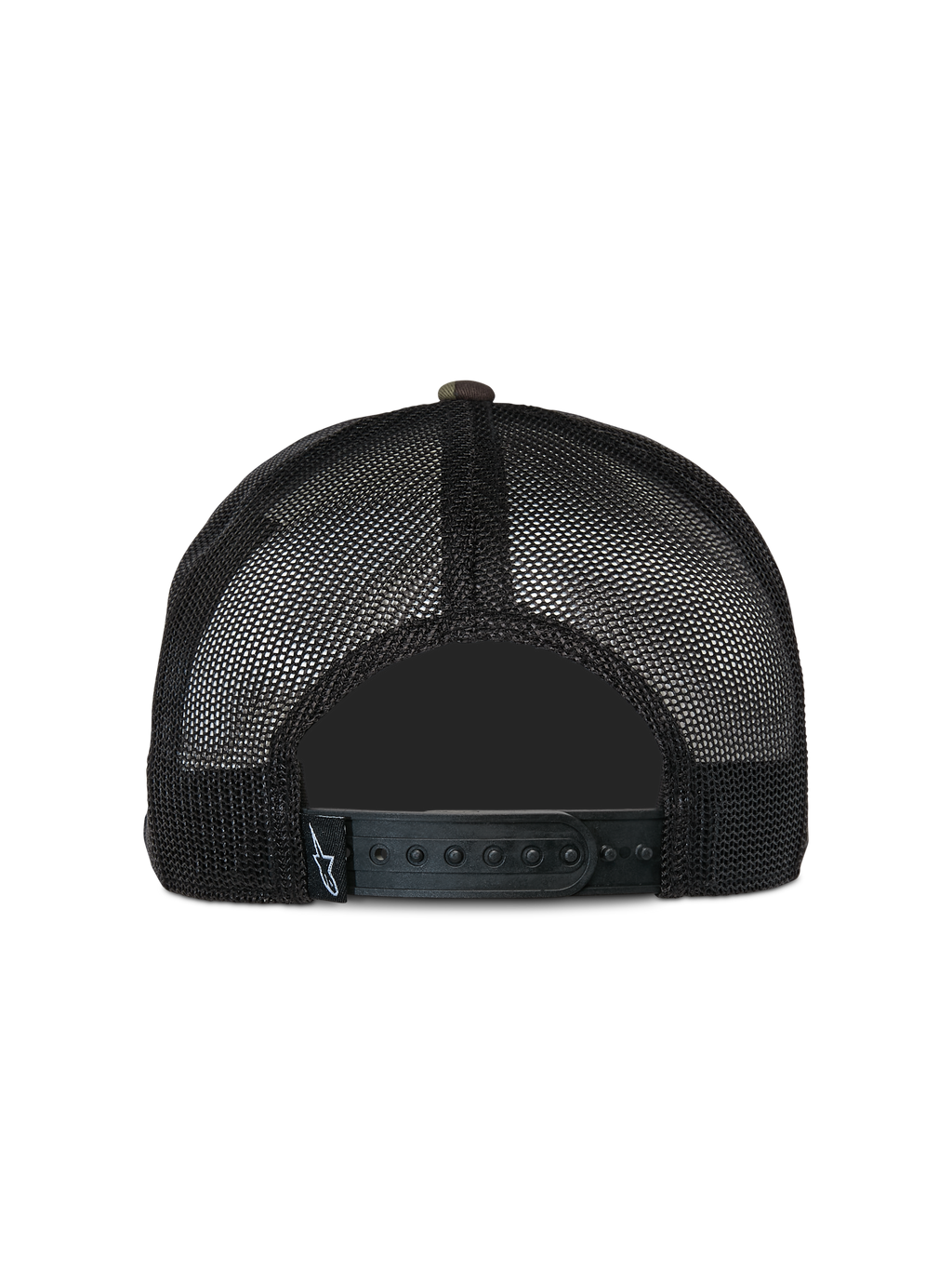Alpinestars Corp Trucker Hat, cappellino trucker casual, camouflage verde e nero, vista posteriore con pannelli in rete nera e chiusura snapback regolabile, piccola etichetta con logo in tessuto, design classico ispirato al motorsport