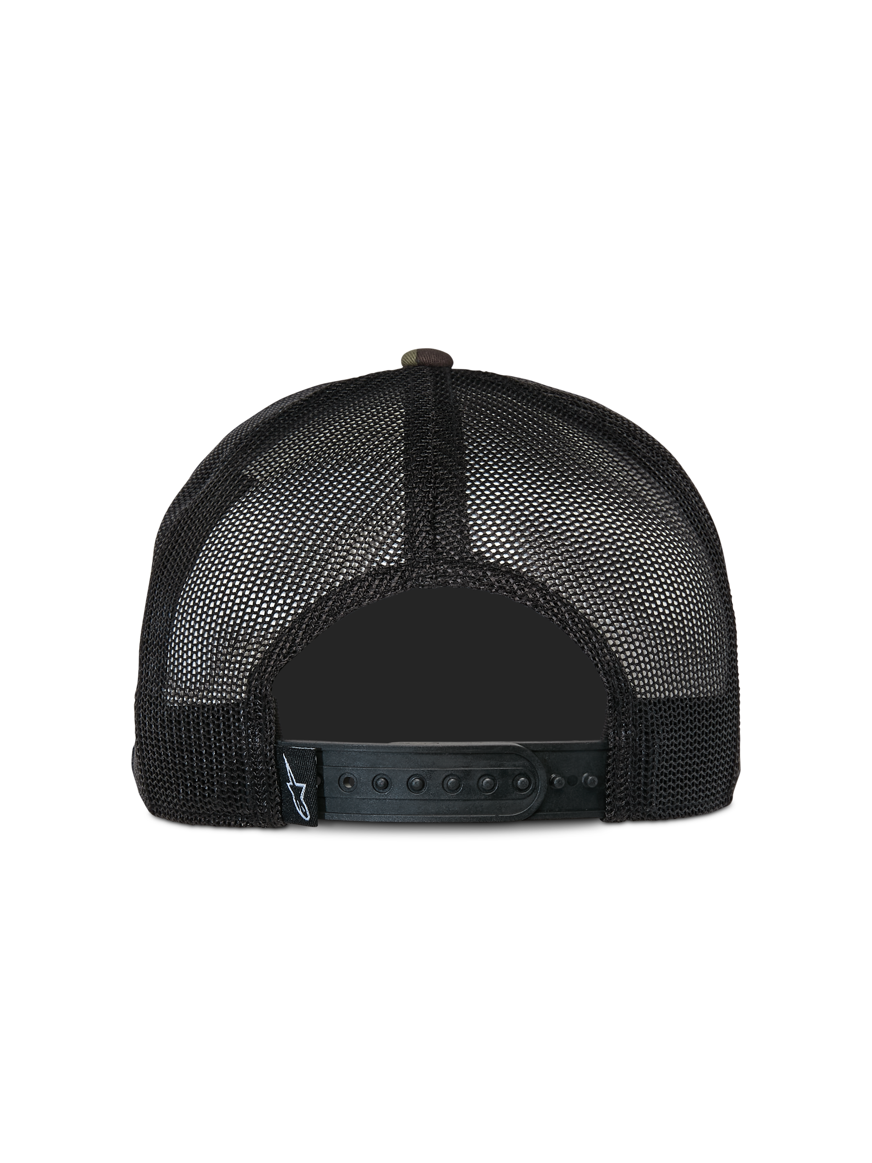 Alpinestars Corp Trucker Hat, cappellino trucker casual, camouflage verde e nero, vista posteriore con pannelli in rete nera e chiusura snapback regolabile, piccola etichetta con logo in tessuto, design classico ispirato al motorsport