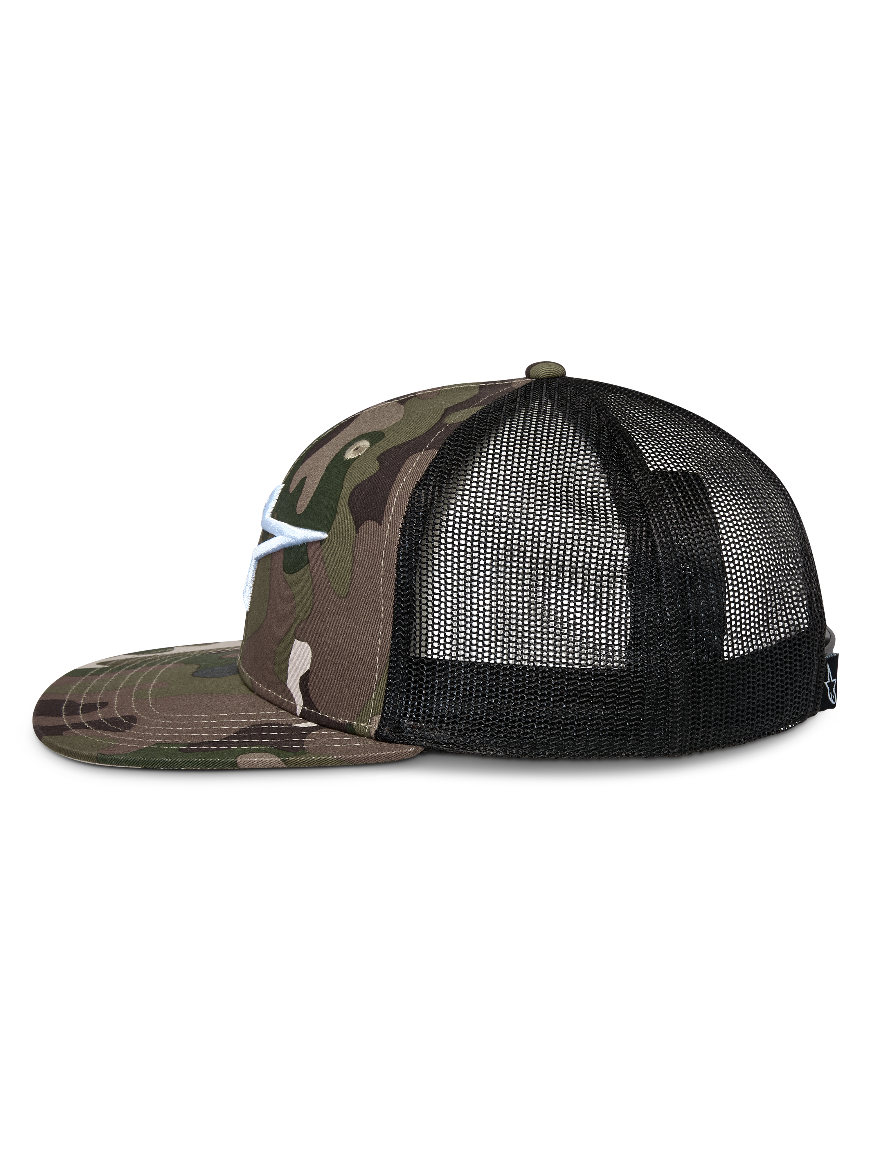 Cappello Alpinestars Corp Trucker, profilo laterale, frontale in twill mimetico verde e visiera piatta, retro in rete nera, logo Astars ricamato in bianco, streetwear casual motorsport