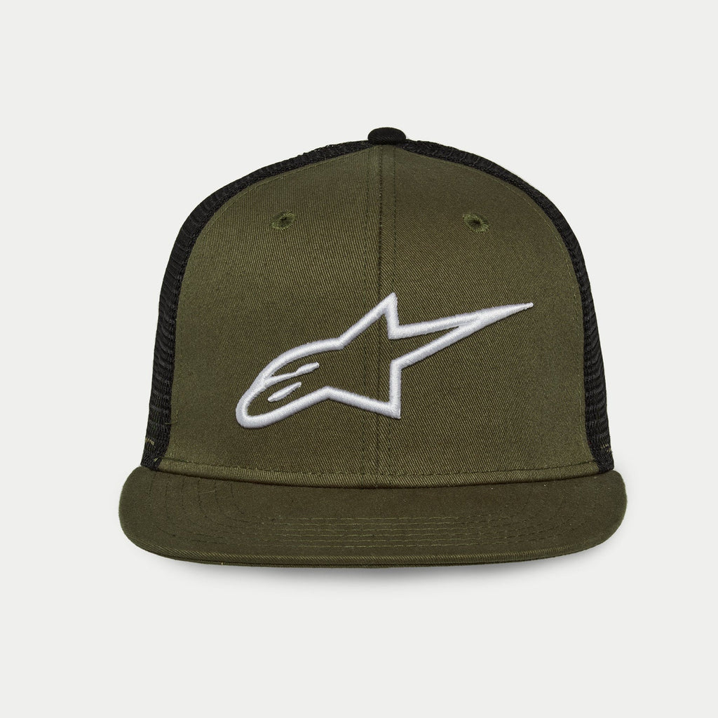 Alpinestars Corp Trucker Hat, cappellino trucker con visiera piatta, fronte e visiera verde militare con retro in mesh nero, logo A-star bianco ricamato in 3D, corona strutturata, abbigliamento casual motorsport
