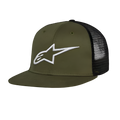 Alpinestars Corp Trucker Hat, cappello trucker a tesa piatta, verde militare e nero, logo Alpinestars bianco ricamato in 3D sul davanti, parte anteriore in twill e retro in mesh, copricapo casual motorsport