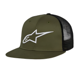 Alpinestars Corp Trucker Hat, cappello trucker a tesa piatta, verde militare e nero, logo Alpinestars bianco ricamato in 3D sul davanti, parte anteriore in twill e retro in mesh, copricapo casual motorsport