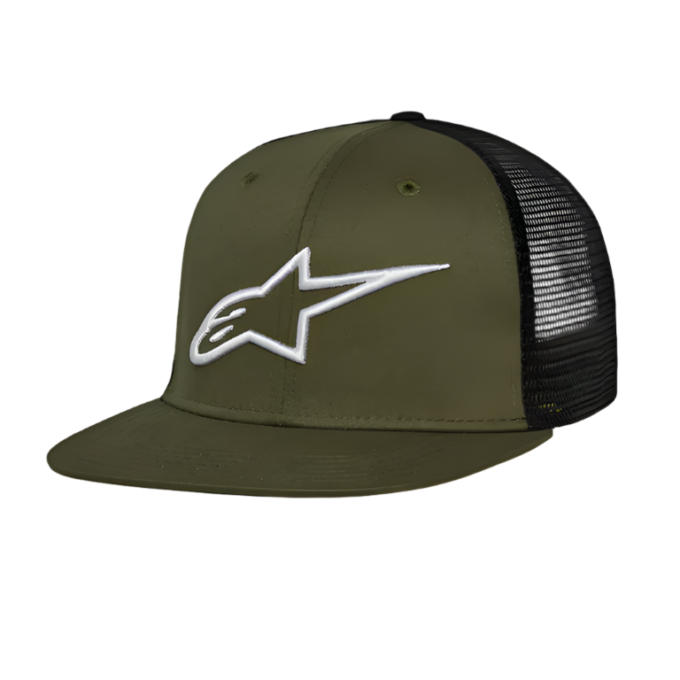 Alpinestars Corp Trucker Hat, cappello trucker a tesa piatta, verde militare e nero, logo Alpinestars bianco ricamato in 3D sul davanti, parte anteriore in twill e retro in mesh, copricapo casual motorsport