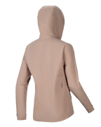 Alpinestars Stella A-Dura Rain Jacket, giacca antipioggia da ciclismo da donna, marrone chiaro, vista posteriore con cappuccio e silhouette lineare, sottile dettaglio del logo nero sulla parte inferiore della schiena, costruzione tecnica impermeabile a 2,5 strati per MTB