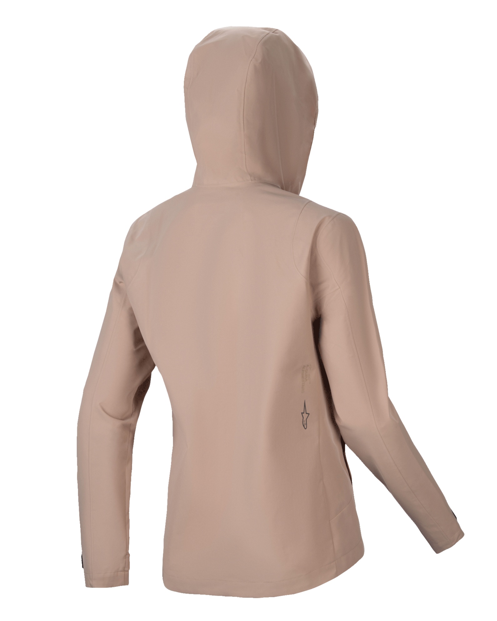 Alpinestars Stella A-Dura Rain Jacket, giacca antipioggia da ciclismo da donna, marrone chiaro, vista posteriore con cappuccio e silhouette lineare, sottile dettaglio del logo nero sulla parte inferiore della schiena, costruzione tecnica impermeabile a 2,5 strati per MTB