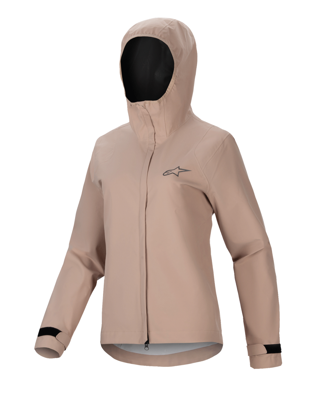 Alpinestars Stella A-Dura Rain Jacket, giacca antipioggia da ciclismo da donna, marrone chiaro, design con cappuccio, cerniera frontale e patta protettiva, polsini regolabili in velcro neri, piccolo logo sul petto, materiale performante impermeabile e traspirante per MTB
