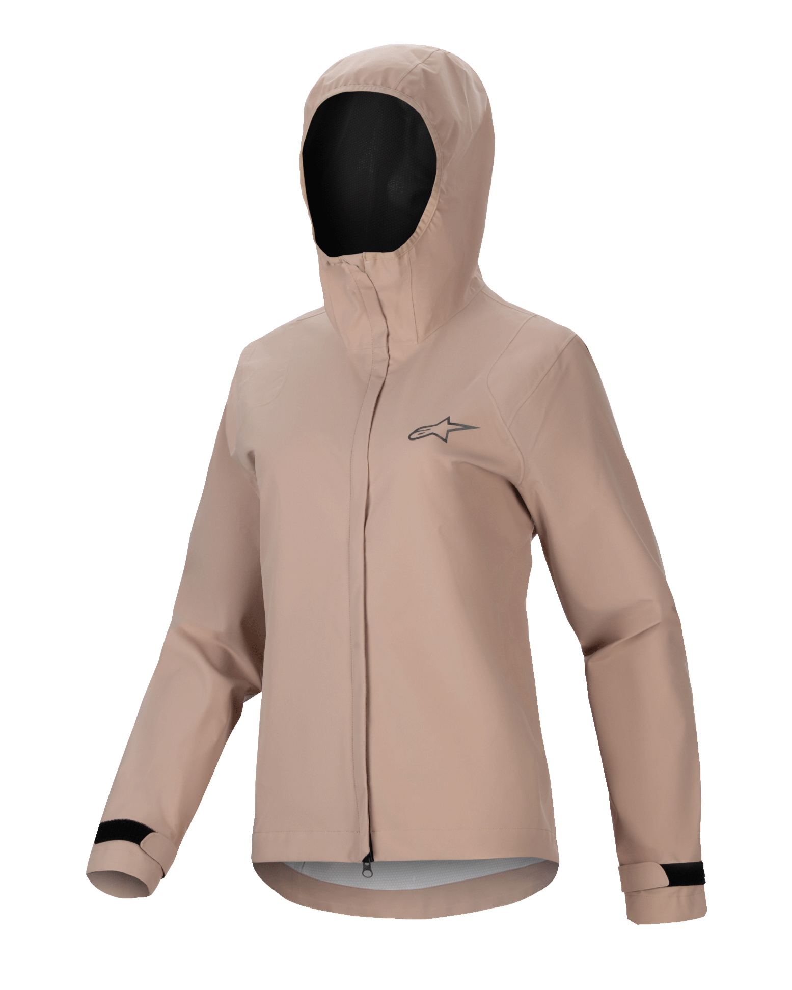 Alpinestars Stella A-Dura Rain Jacket, giacca antipioggia da ciclismo da donna, marrone chiaro, design con cappuccio, cerniera frontale e patta protettiva, polsini regolabili in velcro neri, piccolo logo sul petto, materiale performante impermeabile e traspirante per MTB