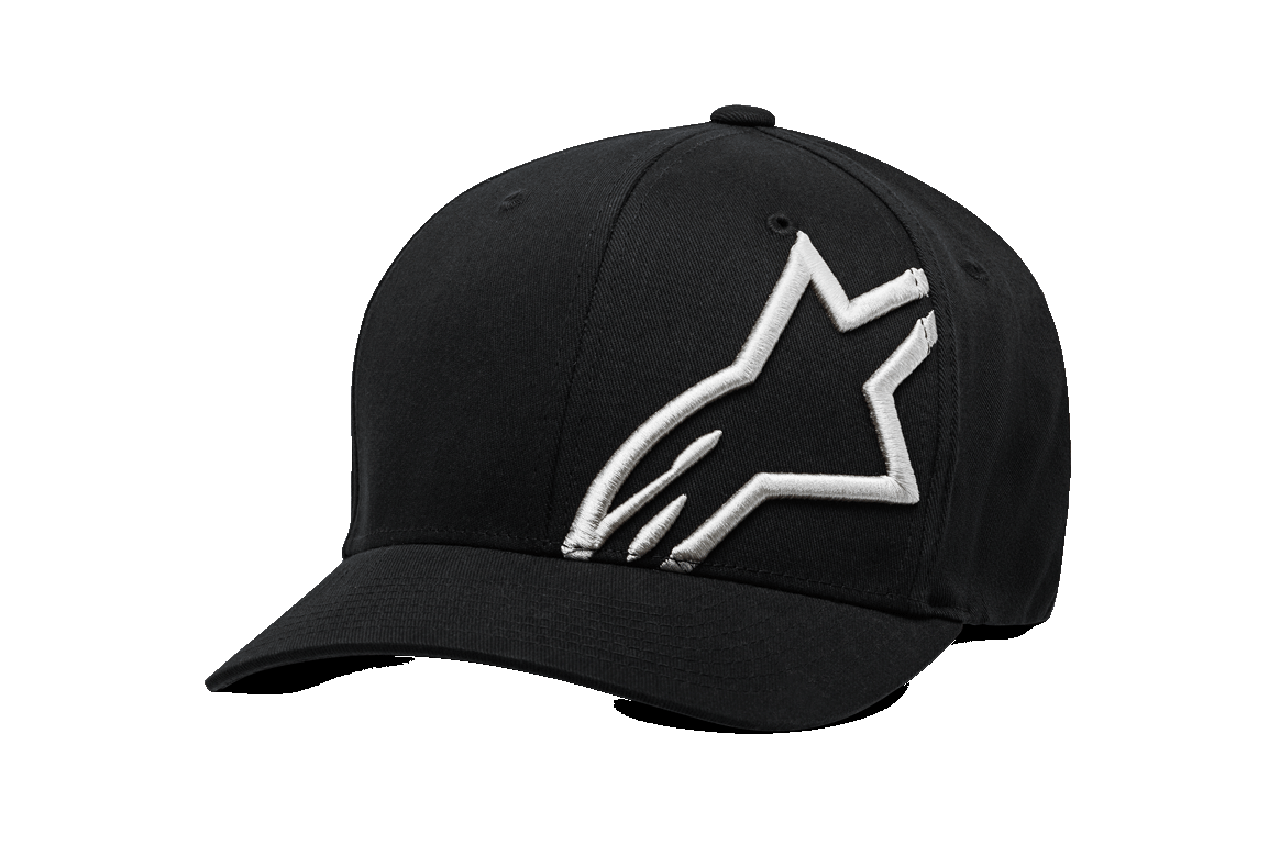 Alpinestars Corp Shift 2 Curved Bill Hat, cappello baseball nero, grande logo bianco ricamato sulla parte frontale sinistra, visiera curva, copricapo sportivo Flexfit
