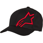 Cappellino da baseball Alpinestars Corp Shift 2 con visiera curva, nero con grande logo a stella rosso ricamato piatto sul pannello frontale sinistro, visiera curva Flexfit, costruzione a sei pannelli, copricapo casual ispirato al motorsport