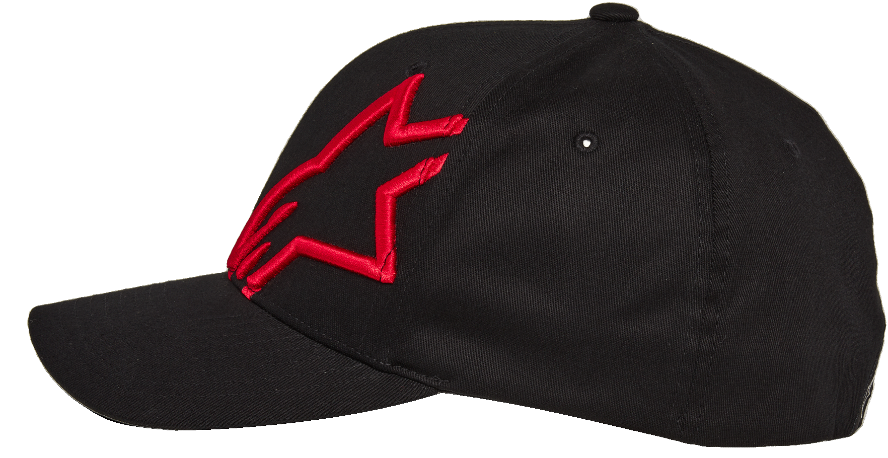 Cappello Alpinestars Corp Shift 2 Curved Brim, nero con logo a stella ricamato in rosso, profilo laterale, berretto da baseball Flexfit con visiera curva, abbigliamento sportivo casual motorsport