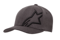 Cappello Alpinestars Corp Shift 2 Curved Bill, cappellino da baseball grigio scuro mélange e nero, con un grande logo a stella nero ricamato sul pannello anteriore sinistro, design con visiera curva, tessuto testurizzato con fori di ventilazione, copricapo casual ispirato al motorsport