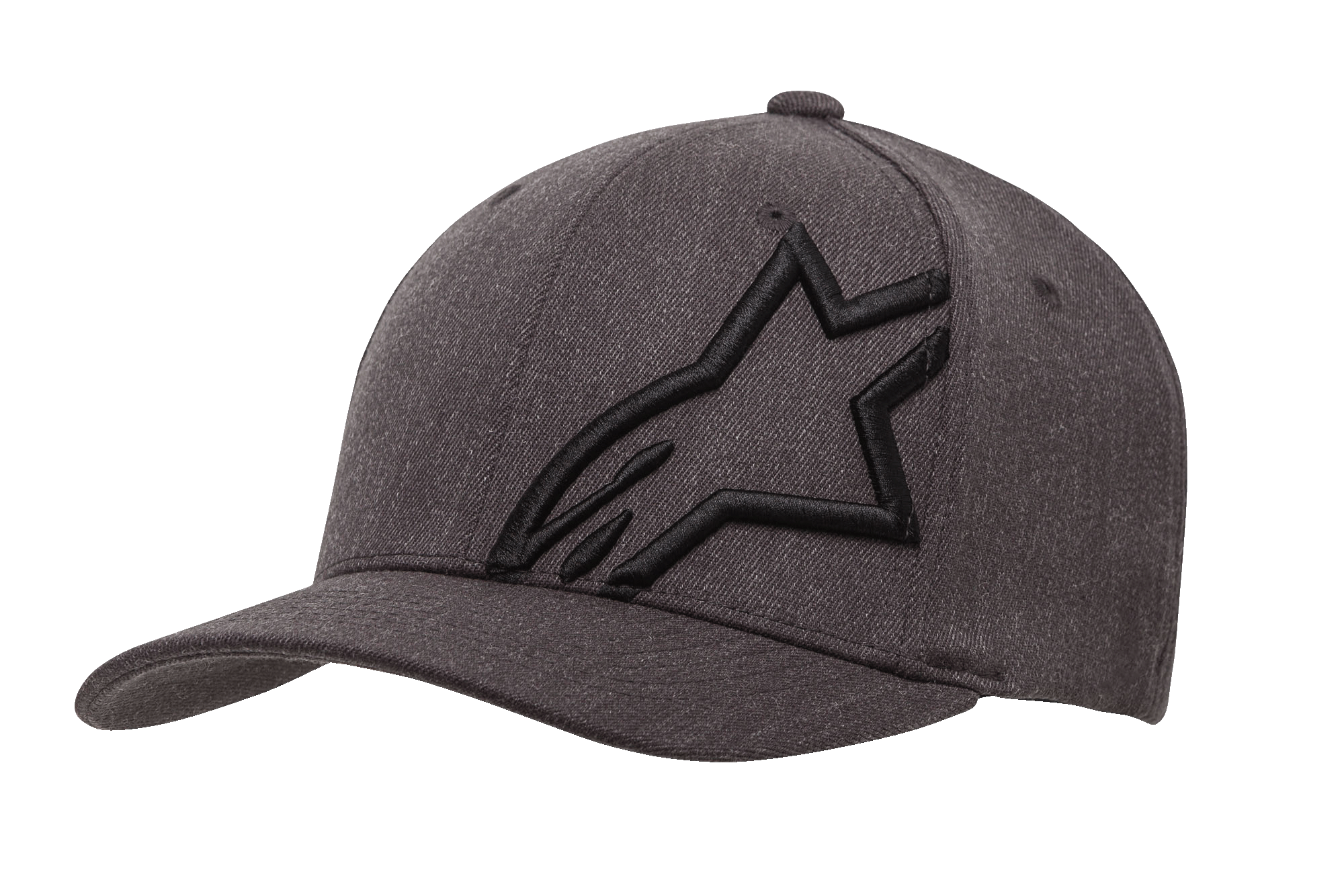 Cappello Alpinestars Corp Shift 2 Curved Bill, cappellino da baseball grigio scuro mélange e nero, con un grande logo a stella nero ricamato sul pannello anteriore sinistro, design con visiera curva, tessuto testurizzato con fori di ventilazione, copricapo casual ispirato al motorsport