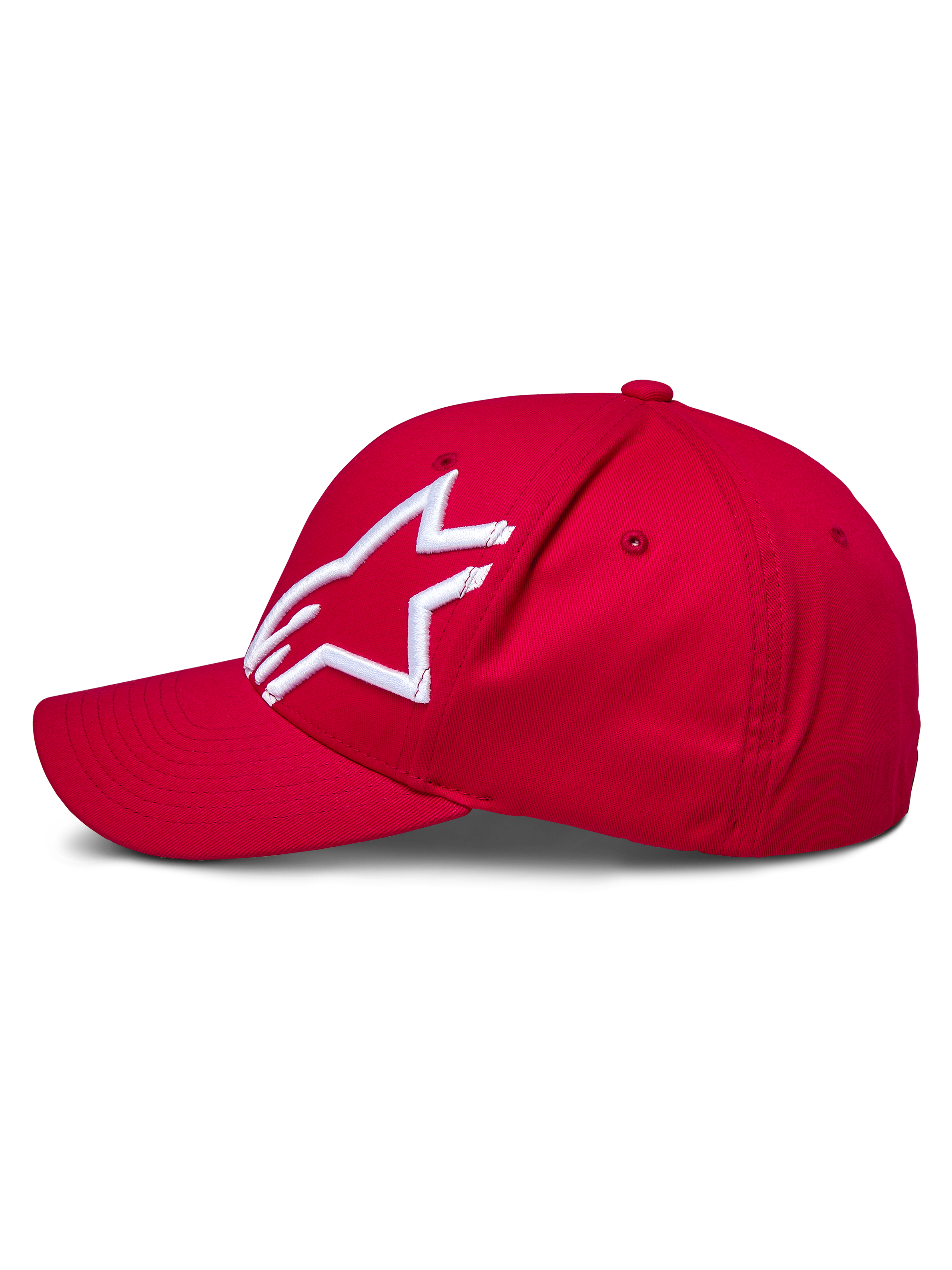 Cappello Alpinestars Corp Shift 2 Curved Brim, rosso, con logo Alpinestars bianco ricamato in 3D sul pannello sinistro, vista laterale, corona strutturata con visiera curva, copricapo casual ispirato al motorsport