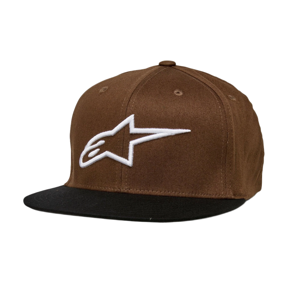 Alpinestars Ageless Flatbill Hat, marrone e nero, cappello con visiera piatta e corona strutturata, logo Alpinestars bianco ricamato sul davanti, copricapo casual da motorsport