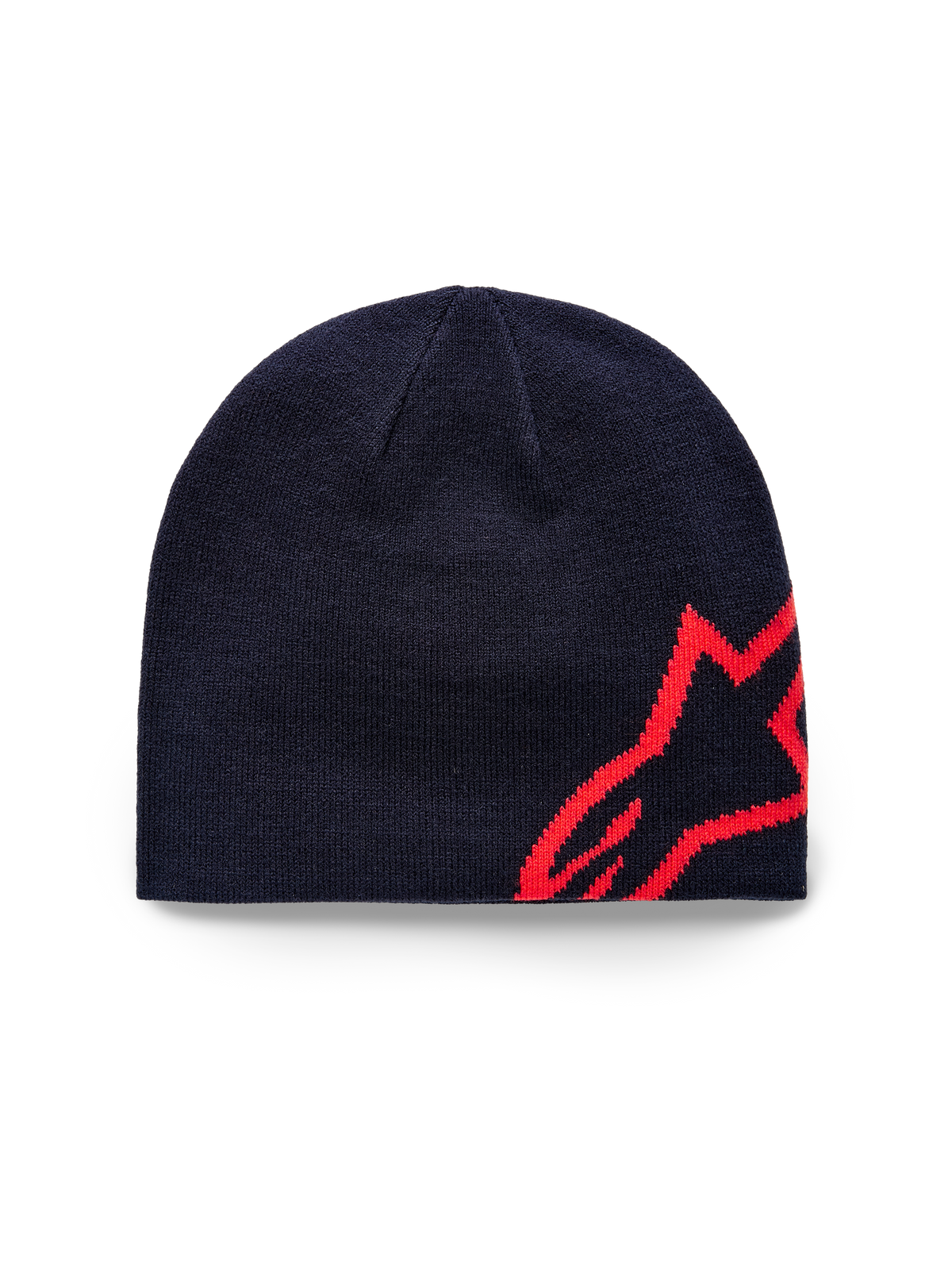 Alpinestars Corp Shift Beanie, berretto in maglia, blu navy e rosso acceso, con un grande logo a stella in jacquard rosso sul lato, costruzione a maglia in jersey, accessorio casual sportswear