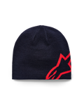 Alpinestars Corp Shift Beanie, berretto in maglia, blu navy e rosso acceso, con un grande logo a stella in jacquard rosso sul lato, costruzione a maglia in jersey, accessorio casual sportswear