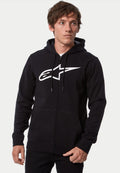 Felpa con cappuccio Alpinestars Ageless Zip V3, felpa con zip frontale, nero e bianco, con grande logo Alpinestars bianco sul petto, cappuccio con cordino e chiusura a zip integrale, abbigliamento casual streetwear