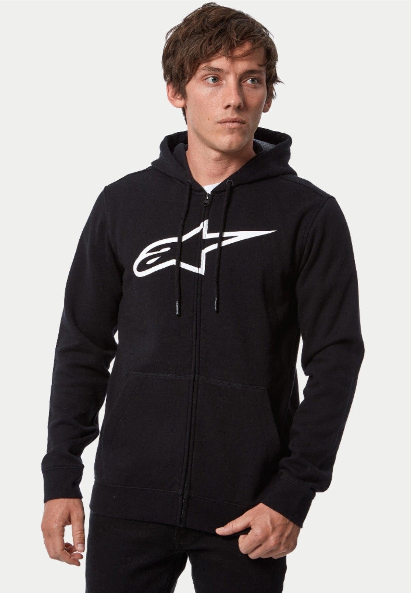 Felpa con cappuccio Alpinestars Ageless Zip V3, felpa con zip frontale, nero e bianco, con grande logo Alpinestars bianco sul petto, cappuccio con cordino e chiusura a zip integrale, abbigliamento casual streetwear
