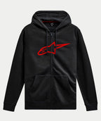 Alpinestars Ageless Zip V3 Hoodie, abbigliamento casual streetwear, nero con grande logo Alpinestars rosso sul petto, zip frontale, cappuccio con cordoncino, maniche lunghe, polsini e orlo a costine