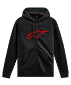 Felpa con cappuccio Alpinestars Ageless Zip V3, streetwear motorsport casual, nero con logo Astars rosso, cerniera a tutta lunghezza, cappuccio con cordino, maniche lunghe, polsini e orlo a costine