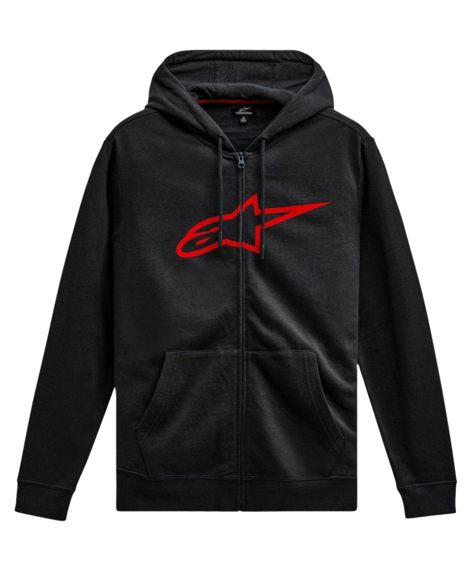 Felpa con cappuccio Alpinestars Ageless Zip V3, streetwear motorsport casual, nero con logo Astars rosso, cerniera a tutta lunghezza, cappuccio con cordino, maniche lunghe, polsini e orlo a costine
