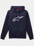 Alpinestars Ageless Zip V3 Hoodie, felpa in pile blu navy con zip integrale, grande logo Alpinestars bianco sul petto, cappuccio con cordoncino, tasche a marsupio frontali, streetwear casual ispirato al motorsport