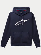 Alpinestars Ageless Zip V3 Hoodie, felpa in pile blu navy con zip integrale, grande logo Alpinestars bianco sul petto, cappuccio con cordoncino, tasche a marsupio frontali, streetwear casual ispirato al motorsport