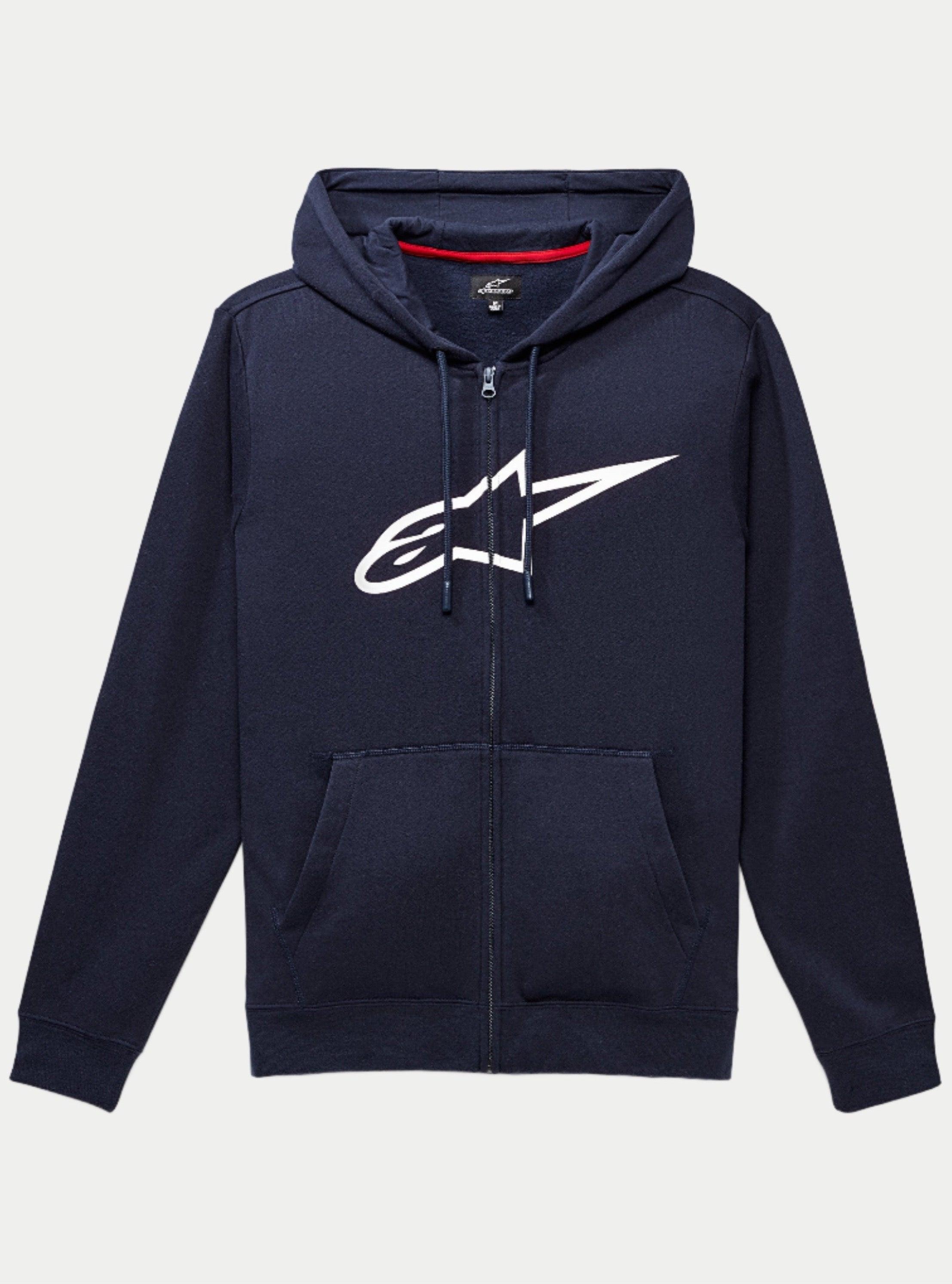 Alpinestars Ageless Zip V3 Hoodie, felpa in pile blu navy con zip integrale, grande logo Alpinestars bianco sul petto, cappuccio con cordoncino, tasche a marsupio frontali, streetwear casual ispirato al motorsport