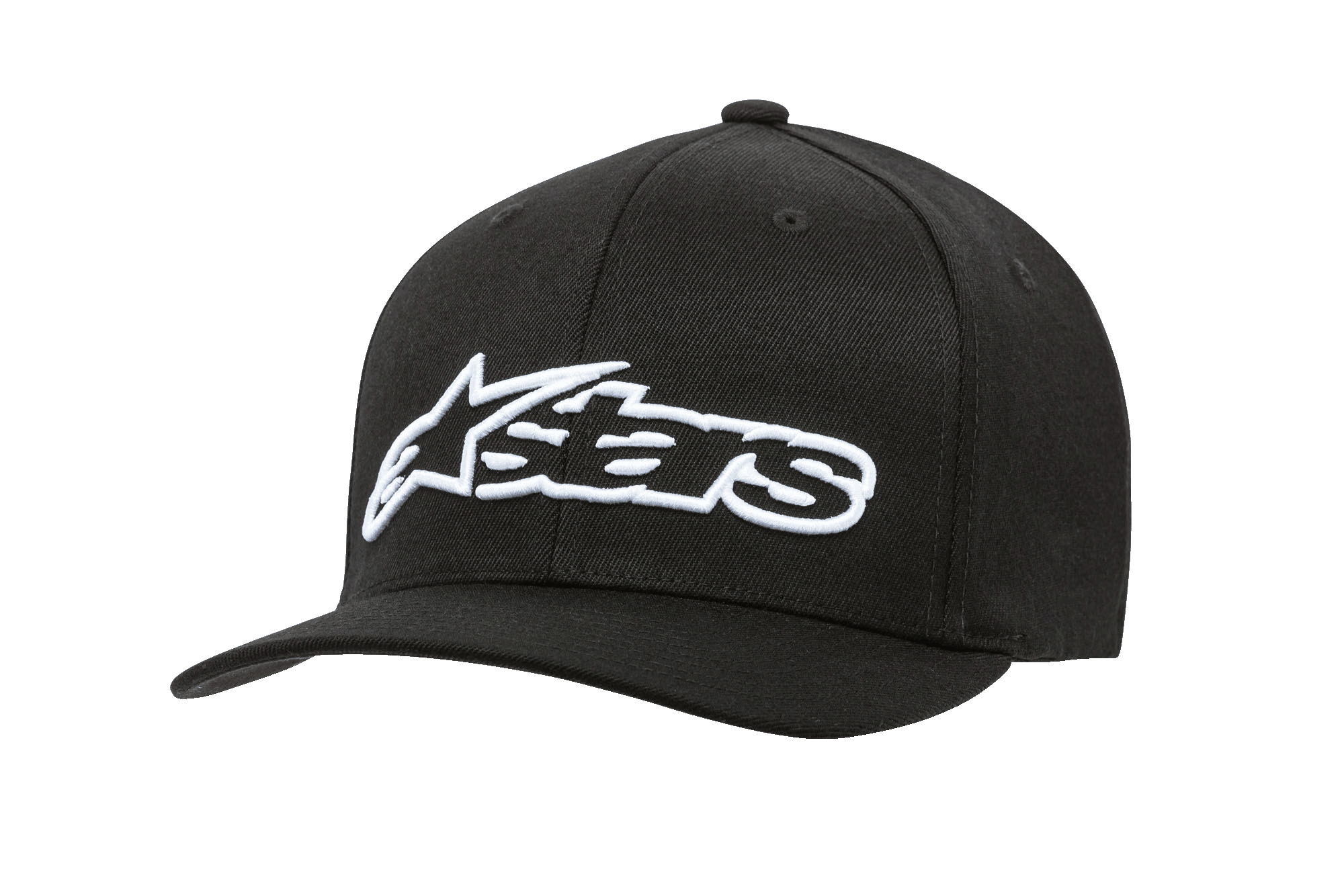 Alpinestars Blaze Flexfit Hat, cappellino da baseball nero con logo bianco ricamato in 3D, visiera curva, corona strutturata a sei pannelli con occhielli di ventilazione, stile casual motorsport