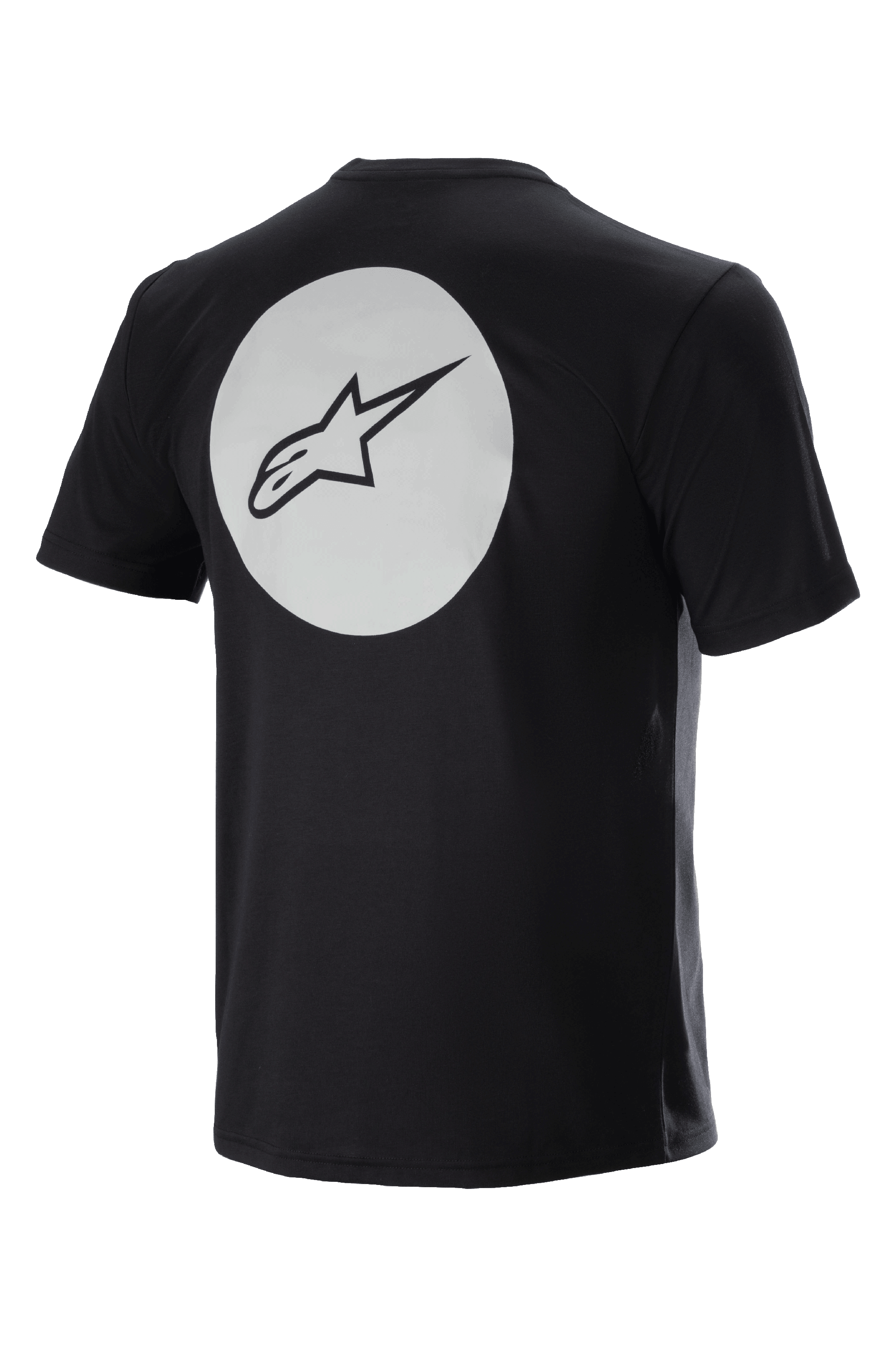 Alpinestars Dot Tech Tee, maglia da ciclismo a maniche corte, nero, vista posteriore con grande cerchio bianco e logo A-star nero, tessuto traspirante DriRelease per mountain bike