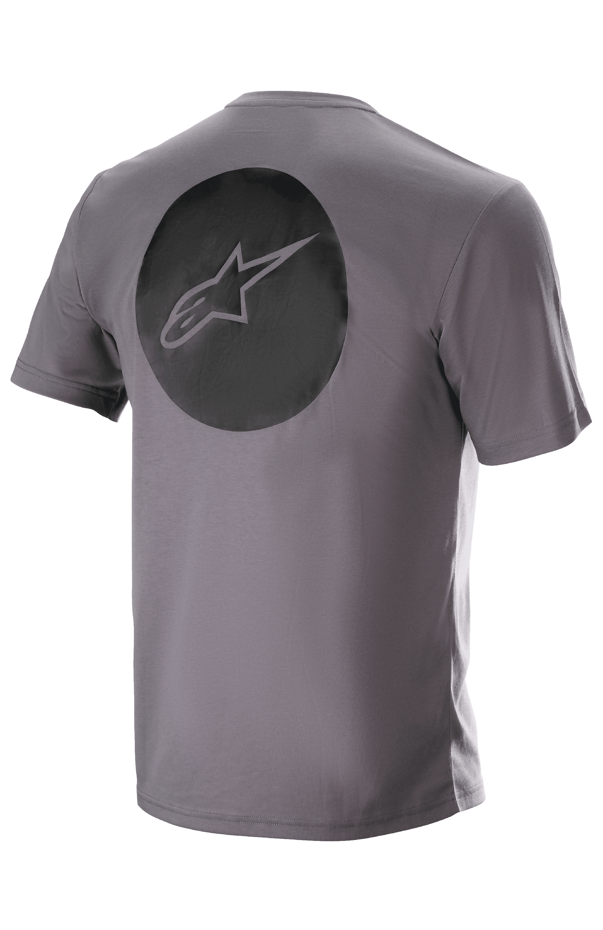 Alpinestars Dot Tech Tee, a maniche corte, Sparrow Gray, vista posteriore con una grande grafica circolare nera con il logo a stella Alpinestars, abbigliamento tecnico da MTB traspirante