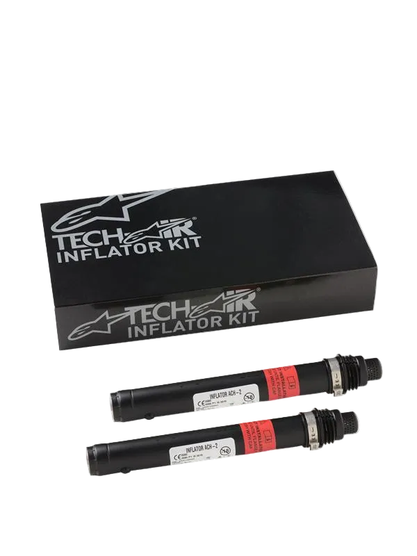 Alpinestars Tech-Air 3 V2, bombole di ricambio per sistema airbag, due gonfiatori cilindrici neri a gas argon con etichette di avvertenza rosse, confezione nera Tech-Air Inflator Kit con logo Alpinestars argento, kit di manutenzione essenziale per sistemi airbag da moto