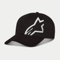 Cappello Alpinestars Corp Snap 2, nero e bianco, con visiera curva e corona strutturata, grande logo Alpinestars bianco ricamato in 3D sul pannello sinistro, classico design snapback