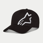 Cappello Alpinestars Corp Snap 2, nero e bianco, con visiera curva e corona strutturata, grande logo Alpinestars bianco ricamato in 3D sul pannello sinistro, classico design snapback