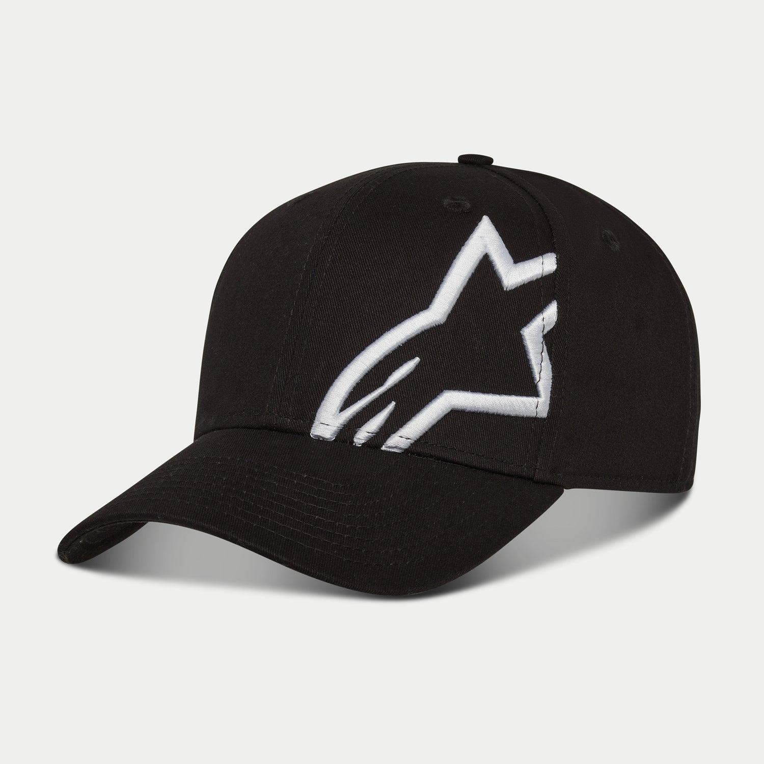 Cappello Alpinestars Corp Snap 2, nero e bianco, con visiera curva e corona strutturata, grande logo Alpinestars bianco ricamato in 3D sul pannello sinistro, classico design snapback