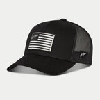 Cappello Snapback Alpinestars Flag, nero, berretto da baseball con retro in rete nera e visiera curva, patch frontale stampata a bandiera con logo Alpinestars, logo ricamato lateralmente, accessorio casual ispirato al motorsport