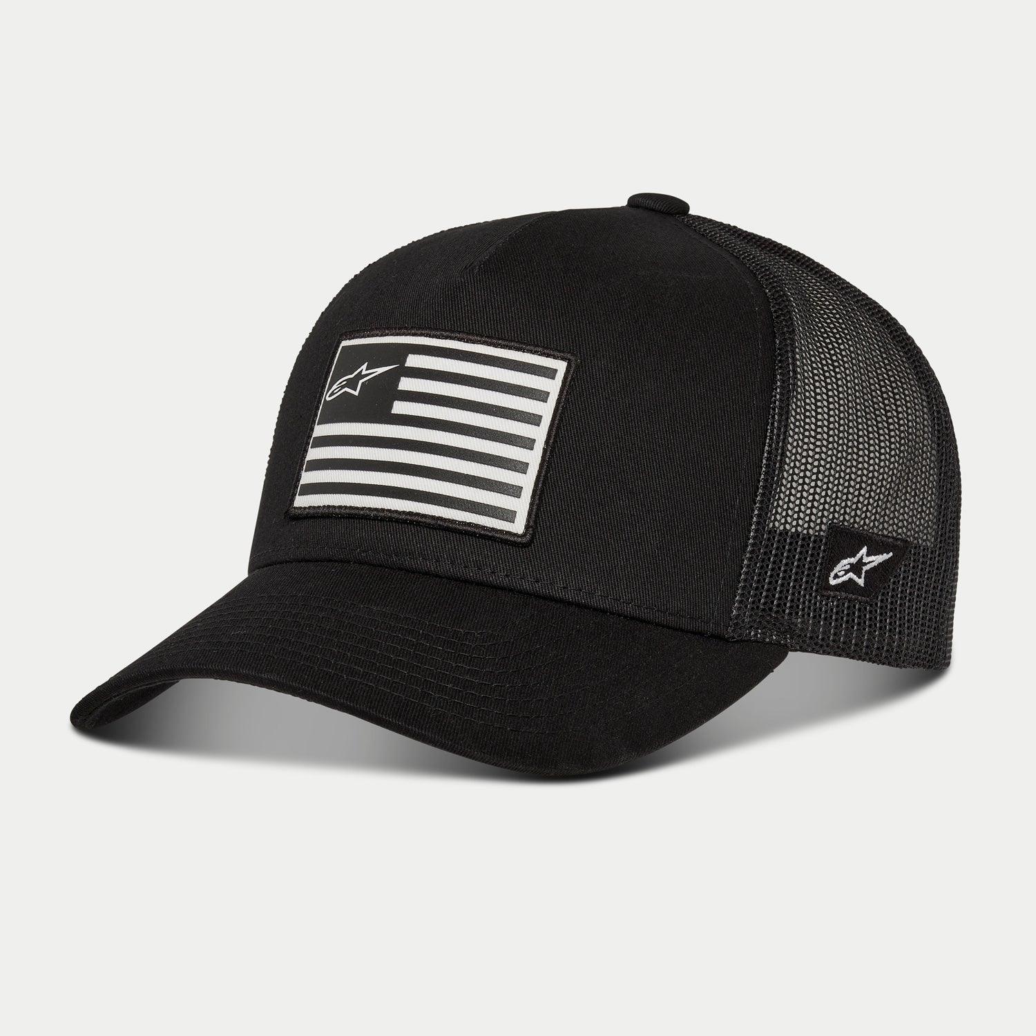 Cappello Snapback Alpinestars Flag, nero, berretto da baseball con retro in rete nera e visiera curva, patch frontale stampata a bandiera con logo Alpinestars, logo ricamato lateralmente, accessorio casual ispirato al motorsport