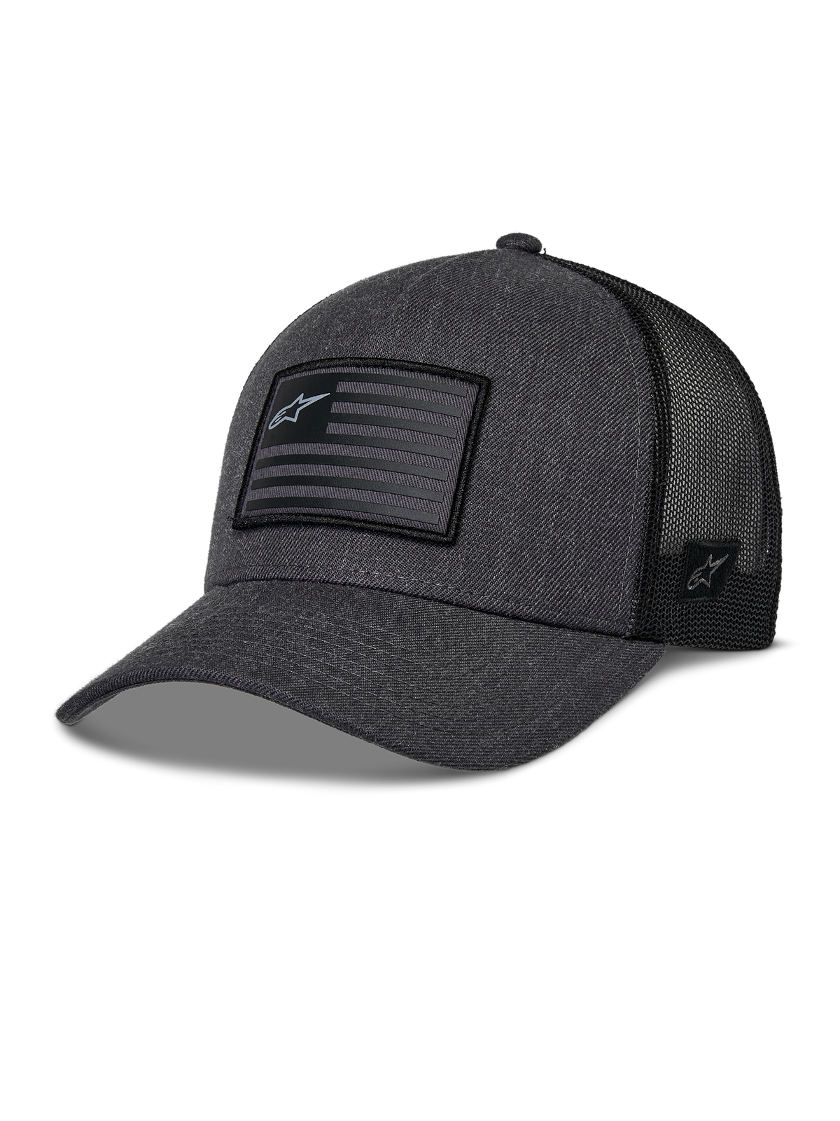 Alpinestars Flag Snapback Hat, cappello da baseball stile trucker, grigio antracite mélange e nero, patch rettangolare a bandiera con logo a stella, visiera curva e retro in mesh traspirante