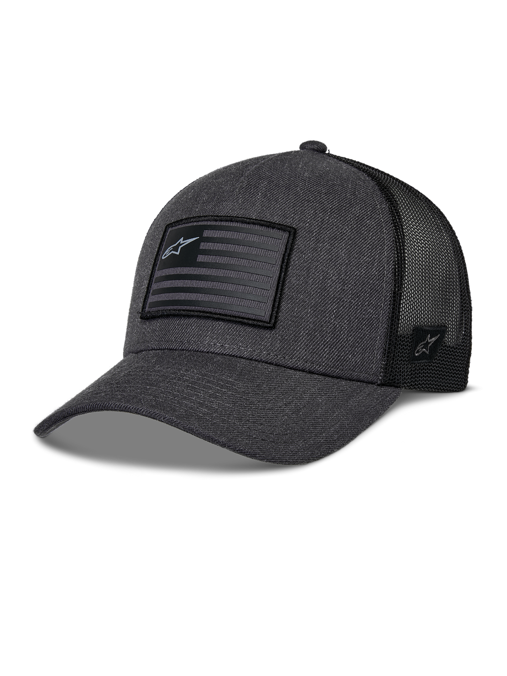 Alpinestars Flag Snapback Hat, cappello da baseball stile trucker, grigio antracite mélange e nero, patch rettangolare a bandiera con logo a stella, visiera curva e retro in mesh traspirante