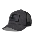 Alpinestars Flag Snapback Hat, cappello da baseball stile trucker, grigio antracite mélange e nero, patch rettangolare a bandiera con logo a stella, visiera curva e retro in mesh traspirante