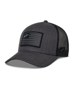 Alpinestars Flag Snapback Hat, cappello da baseball stile trucker, grigio antracite mélange e nero, patch rettangolare a bandiera con logo a stella, visiera curva e retro in mesh traspirante