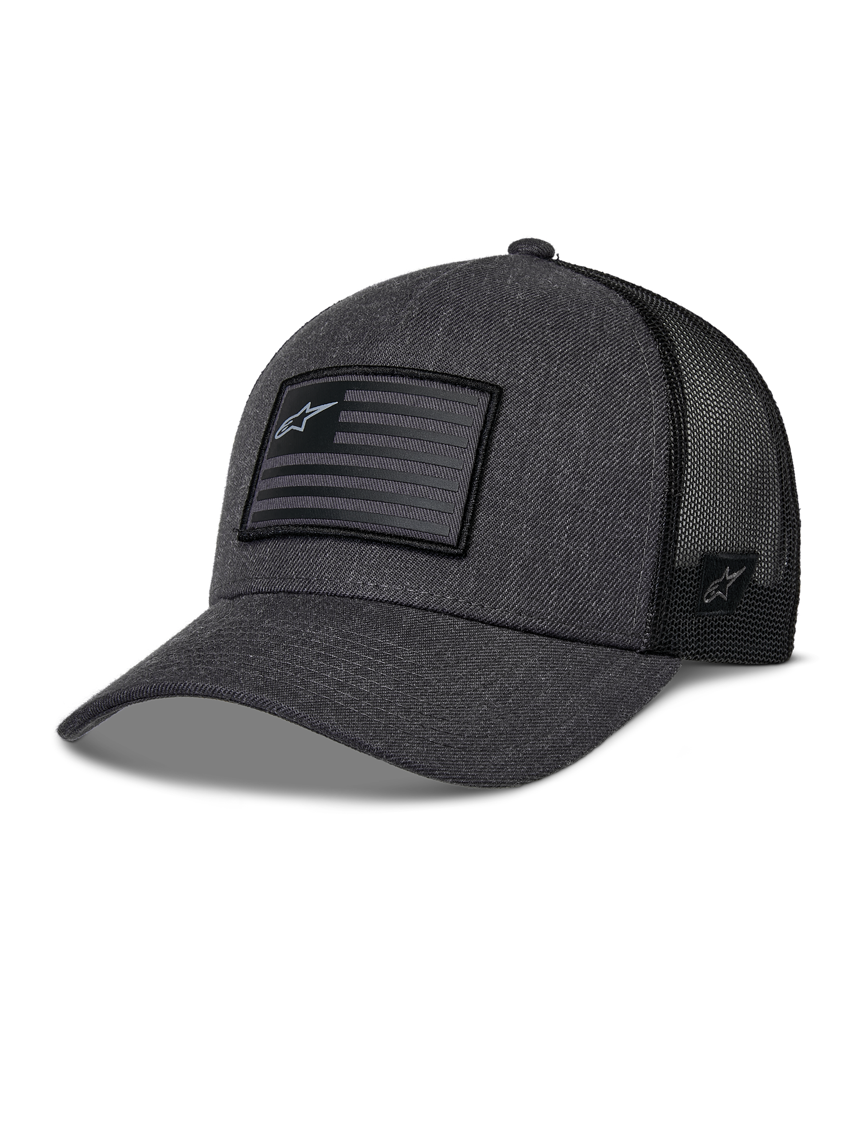 Alpinestars Flag Snapback Hat, cappello da baseball stile trucker, grigio antracite mélange e nero, patch rettangolare a bandiera con logo a stella, visiera curva e retro in mesh traspirante