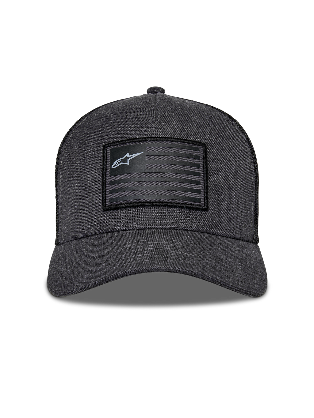Cappello Snapback Flag Alpinestars, grigio antracite e nero, vista frontale con corona strutturata e visiera curva, patch rettangolare stile bandiera con logo Alpinestars e strisce, streetwear casual da motorsport
