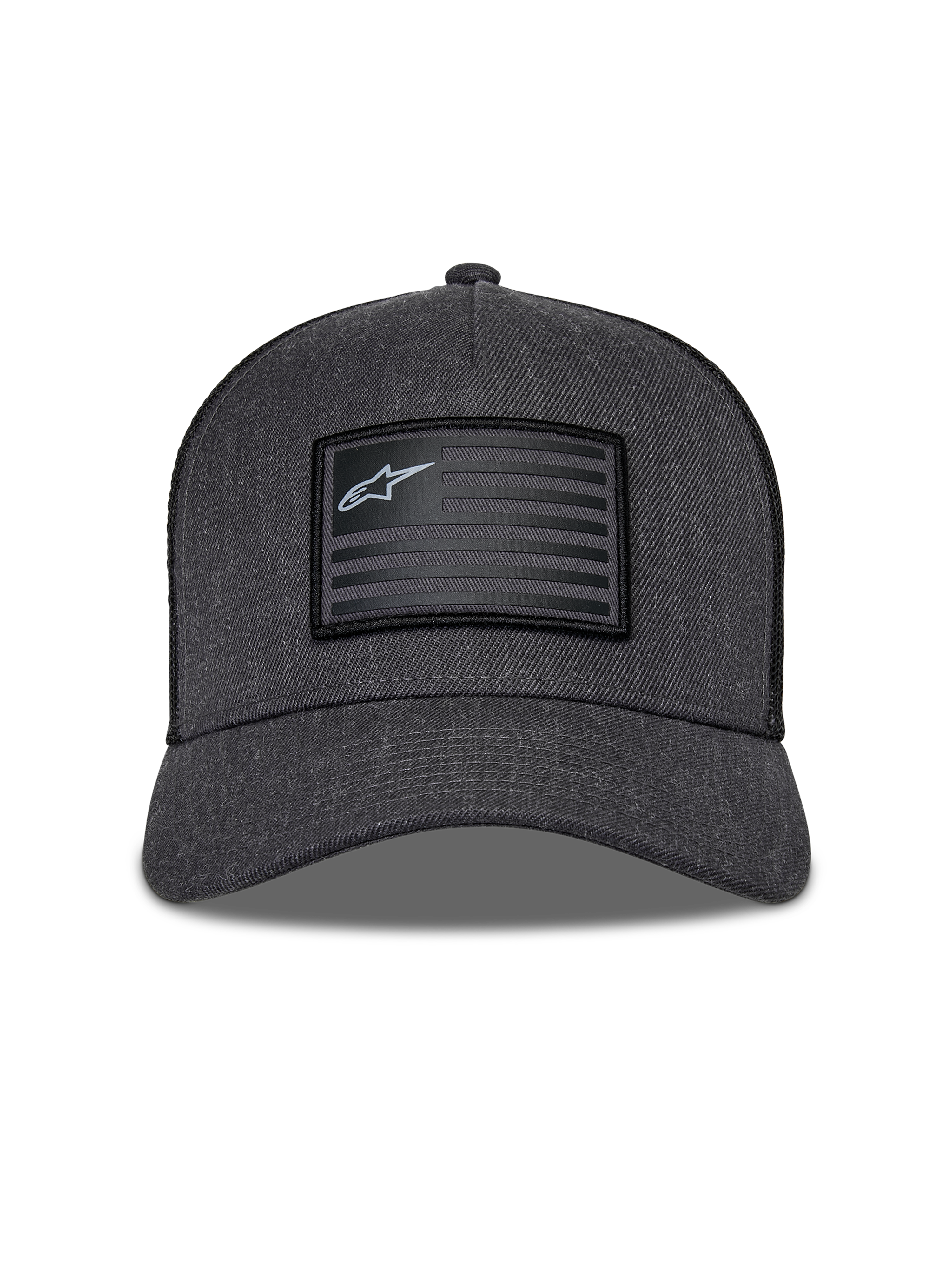 Cappello Snapback Flag Alpinestars, grigio antracite e nero, vista frontale con corona strutturata e visiera curva, patch rettangolare stile bandiera con logo Alpinestars e strisce, streetwear casual da motorsport