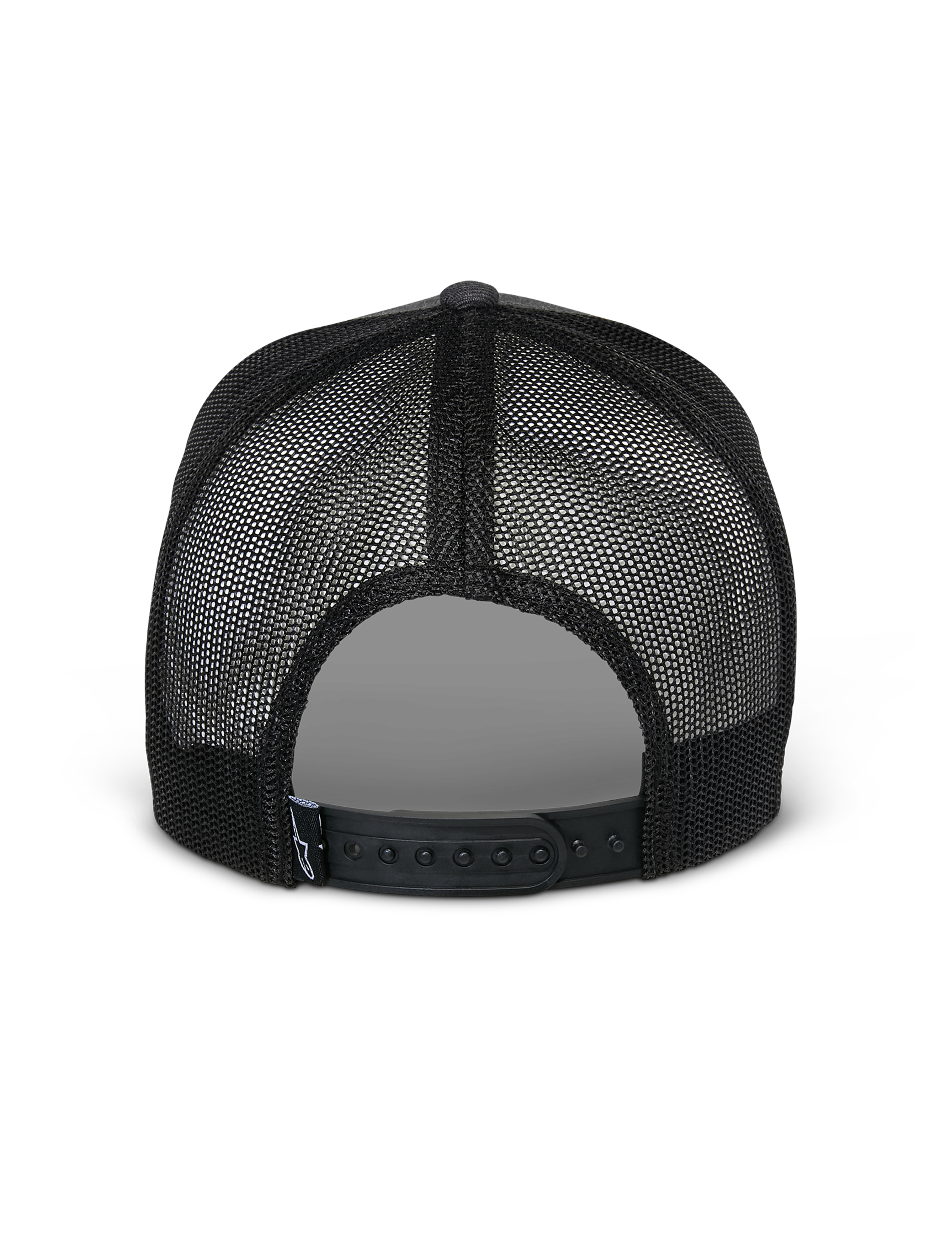 Cappello Alpinestars Flag Snapback, vista posteriore, Charcoal Heather Black, con pannelli in mesh nero traspirante e chiusura snapback regolabile, copricapo casual ispirato al motorsport