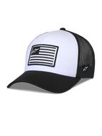 Alpinestars Flag Snapback Hat, bianco e nero, corona strutturata con visiera curva, pannello frontale bianco e retro in mesh nero, con patch rettangolare con logo stile bandiera, copricapo casual ispirato al motorsport